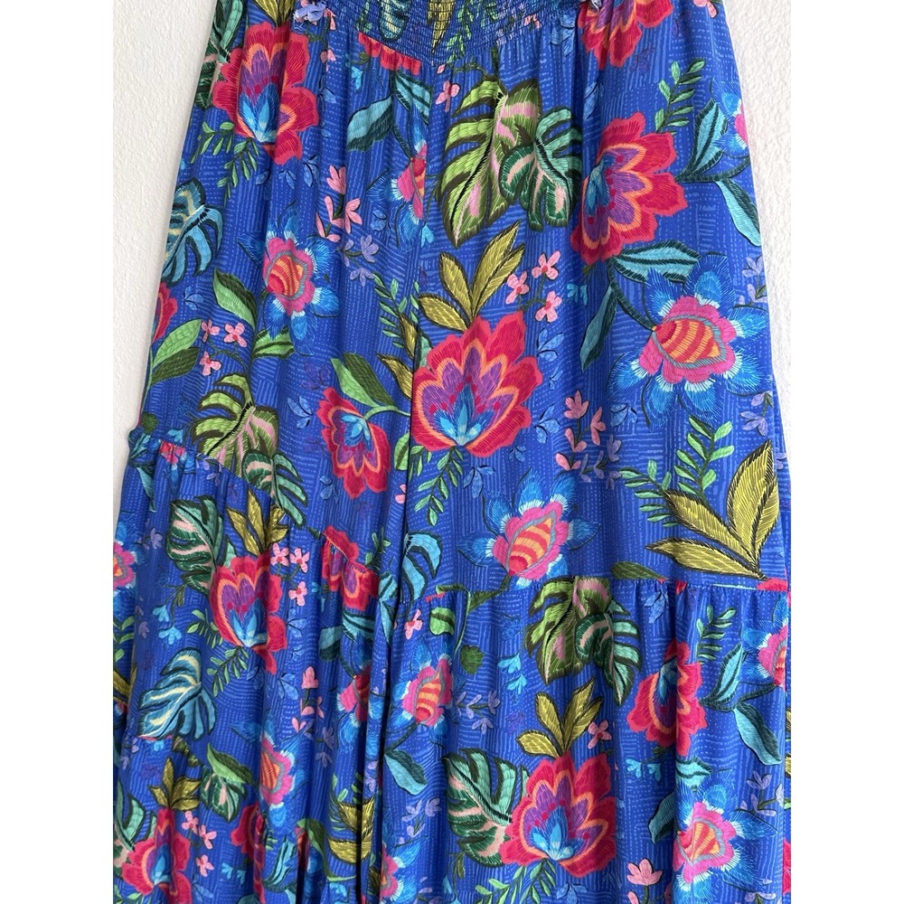 Johnny Was Rumba Tiered Pants L Blue Floral Rayon Palazzo Wide Leg Boho Resort - Picture 4 of 16